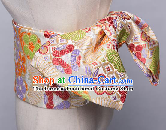 Japanese Traditional Handmade Kimono Embroidered Belts Asian Japan Geisha Yukata Beige Brocade Waistband for Women