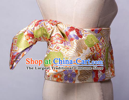 Japanese Traditional Handmade Kimono Embroidered Belts Asian Japan Geisha Yukata Beige Brocade Waistband for Women