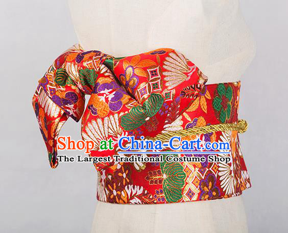 Japanese Traditional Kimono Red Brocade Embroidered Belts Asian Handmade Japan Geisha Yukata Waistband for Women