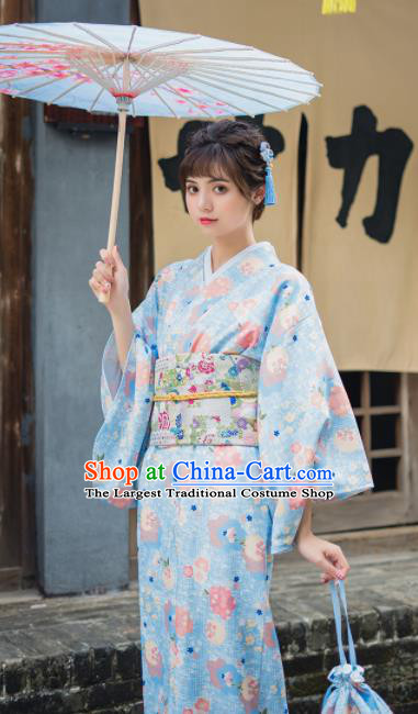 Handmade Japanese Traditional Costume Light Blue Furisode Kimono Dress Asian Japan Yukata for Women
