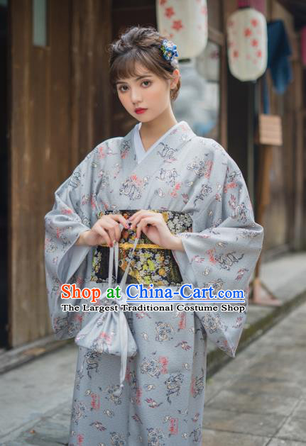 Handmade Japanese Traditional Costume Grey Furisode Kimono Dress Asian Japan Yukata for Women