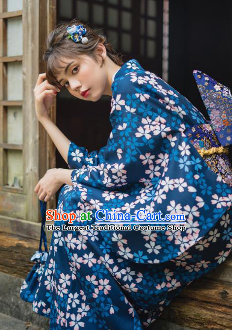 Handmade Japanese Traditional Costume Printing Sakura Blue Furisode Kimono Dress Asian Japan Yukata for Women