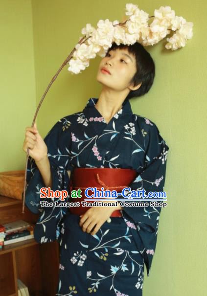 Japanese Traditional Costume Geisha Printing Navy Furisode Kimono Asian Japan Yukata Dress for Women