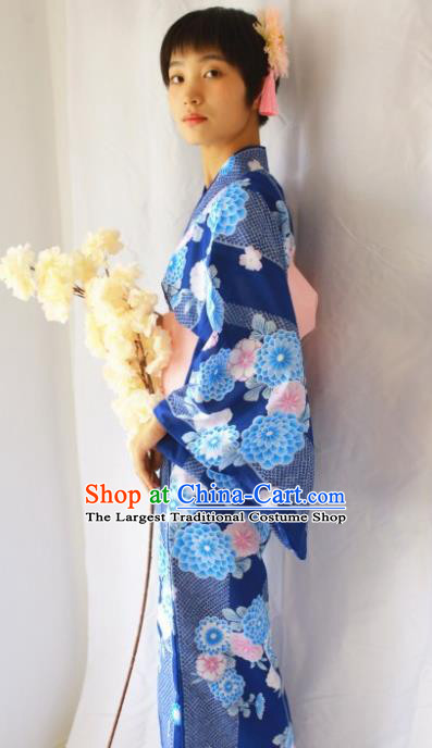 Japanese Traditional Costume Geisha Printing Chrysanthemum Blue Furisode Kimono Asian Japan Yukata Dress for Women