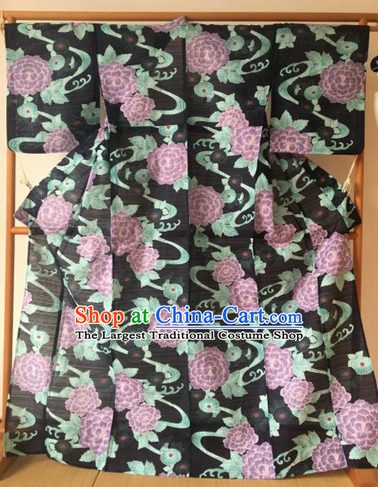 Japanese Traditional Costume Geisha Printing Chrysanthemum Black Furisode Kimono Asian Japan Yukata Dress for Women