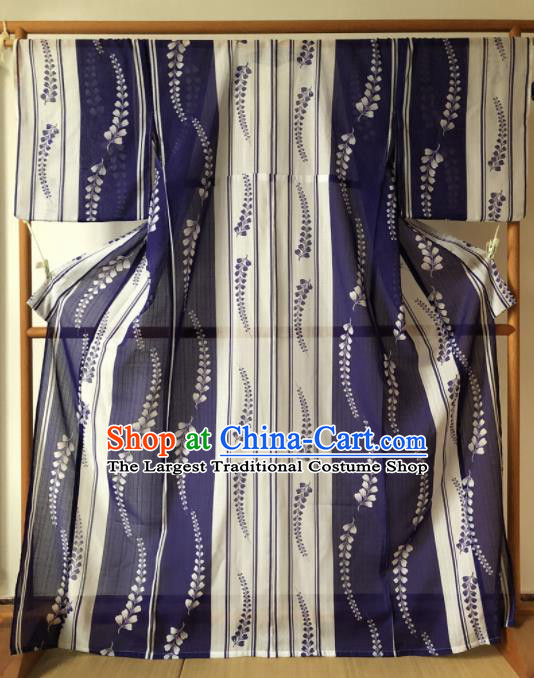 Japanese Traditional Costume Geisha Printing Royalblue Furisode Kimono Asian Japan Yukata Dress for Women