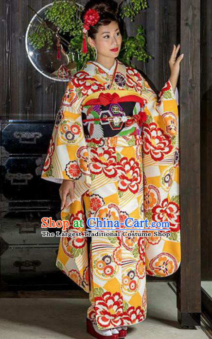 Japanese Traditional Costume Geisha Printing Yellow Furisode Kimono Asian Japan Yukata Dress for Women