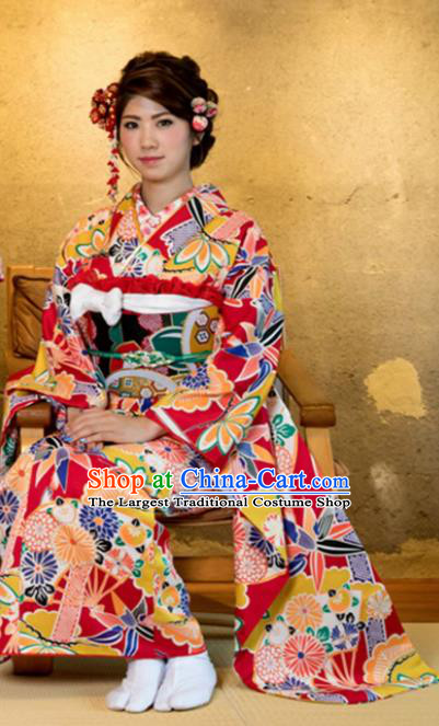 Japanese Traditional Costume Okuni Printing Furisode Kimono Asian Japan Geisha Yukata Dress for Women