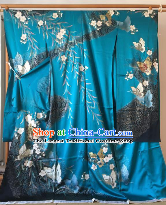Japanese Traditional Costume Okuni Printing Butterfly Blue Furisode Kimono Asian Japan Geisha Yukata Dress for Women