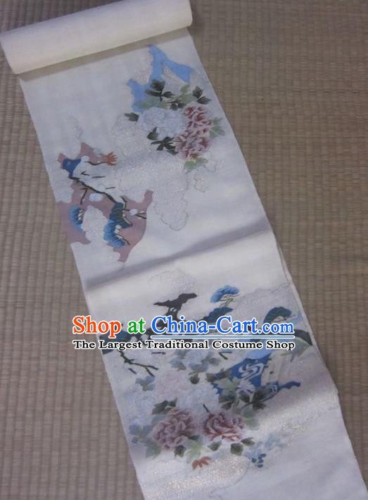 Japanese Traditional Court Yukata Printing Peony White Silk Belts Asian Handmade Japan Geisha Kimono Brocade Waistband for Women
