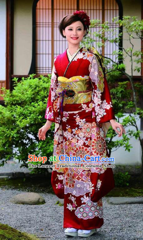 Japanese Traditional Red Furisode Kimono Asian Japan Costume Geisha Yukata Dress for Women