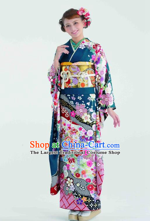 Japanese Traditional Printing Peacock Blue Furisode Kimono Asian Japan Costume Geisha Yukata Dress for Women