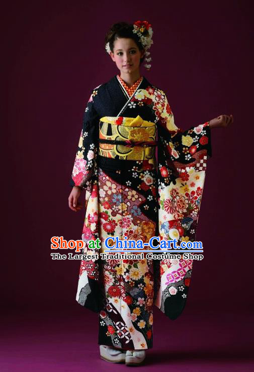 Japanese Traditional Printing Black Furisode Kimono Asian Japan Costume Geisha Yukata Dress for Women