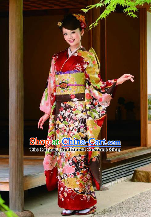 Japanese Traditional Printing Wine Red Furisode Kimono Asian Japan Costume Geisha Yukata Dress for Women