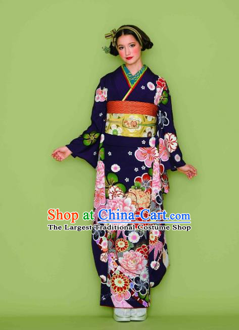 Japanese Traditional Printing Iromuji Navy Furisode Kimono Asian Japan Costume Geisha Yukata Dress for Women