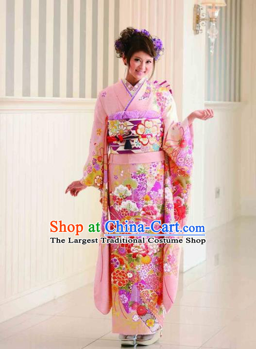 Japanese Traditional Printing Peony Iromuji Pink Furisode Kimono Asian Japan Costume Geisha Yukata Dress for Women
