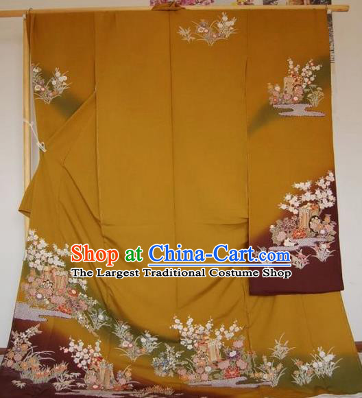 Japanese Traditional Printing Ginger Silk Furisode Kimono Asian Japan Costume Geisha Yukata Dress for Women