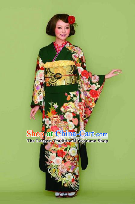 Japanese Traditional Printing Iromuji Atrovirens Furisode Kimono Asian Japan Costume Geisha Yukata Dress for Women