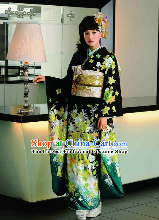 Japanese Traditional Printing Roses Iromuji Black Furisode Kimono Asian Japan Costume Geisha Yukata Dress for Women