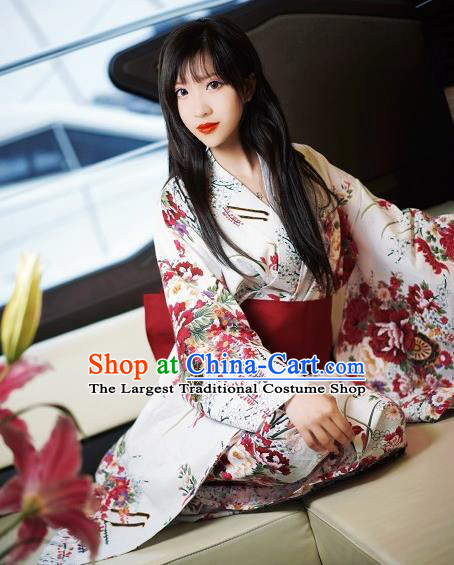 Japanese Traditional Courtesan White Silk Furisode Kimono Asian Japan Costume Geisha Yukata Dress for Women
