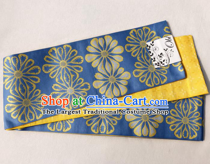 Japanese Traditional Double Side Daisy Pattern Blue Yukata Waistband Asian Japan Handmade Kimono Belts for Women