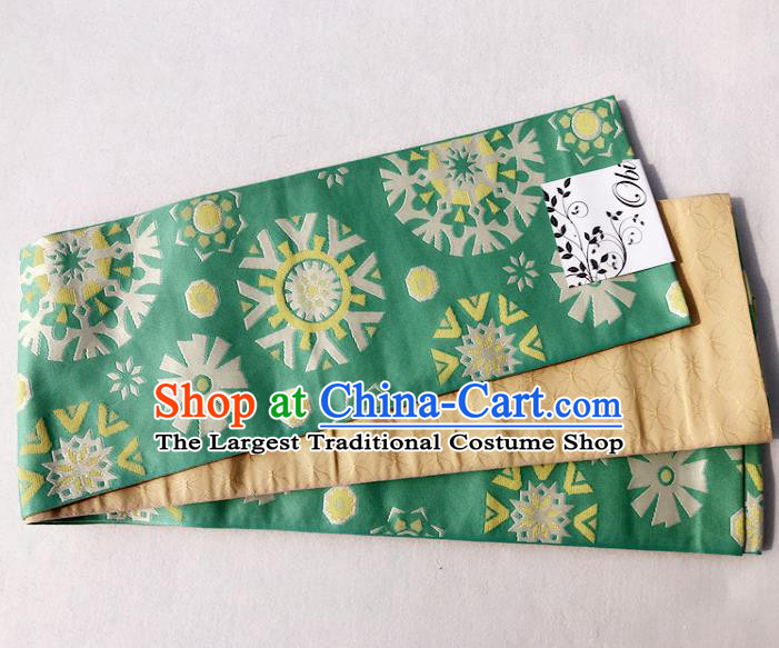 Japanese Traditional Double Side Round Pattern Green Yukata Waistband Asian Japan Handmade Kimono Belts for Women