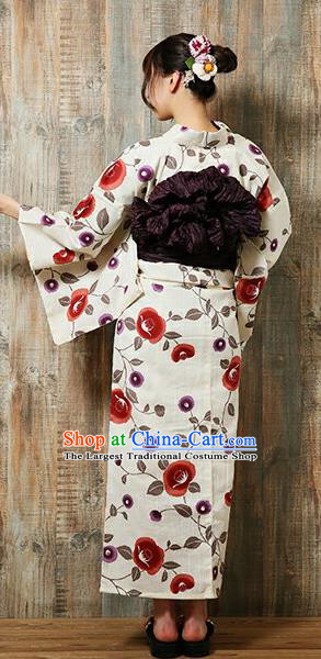 Traditional Japanese Classical Printing Red Flowers Kimono Asian Japan Costume Geisha Yukata Dress for Women