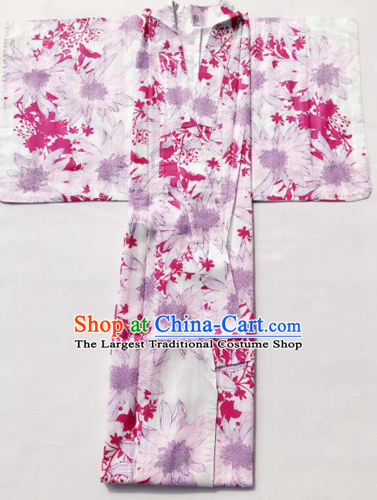 Traditional Japanese Classical Printing Dahlia Light Purple Kimono Asian Japan Costume Geisha Yukata Dress for Women