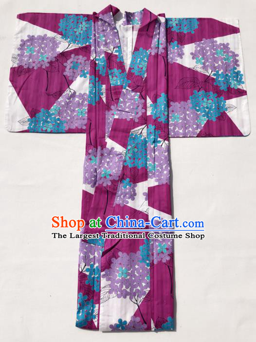 Traditional Japanese Classical Printing Hydrangea Wine Red Kimono Asian Japan Costume Geisha Yukata Dress for Women