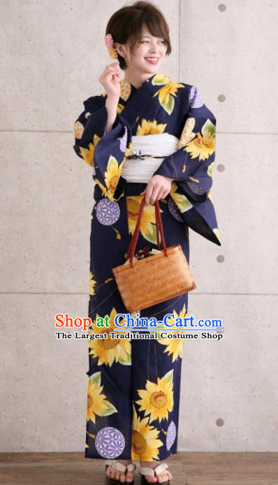 Japanese Classical Printing Sunflowers Navy Kimono Asian Japan Traditional Costume Geisha Yukata Dress for Women