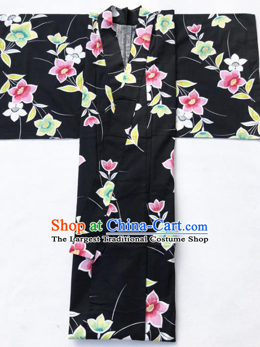 Japanese Classical Printing Flowers Black Kimono Asian Japan Traditional Costume Geisha Yukata Dress for Women