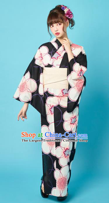 Japanese Classical Printing Plum Blossom Black Kimono Asian Japan Traditional Costume Geisha Yukata Dress for Women