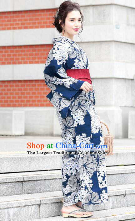Traditional Japanese Classical Printing Sakura Navy Kimono Asian Japan Costume Geisha Yukata Dress for Women