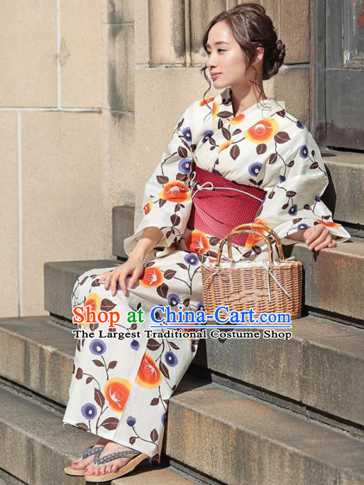 Traditional Japanese Classical Printing Camellia White Kimono Asian Japan Costume Geisha Yukata Dress for Women