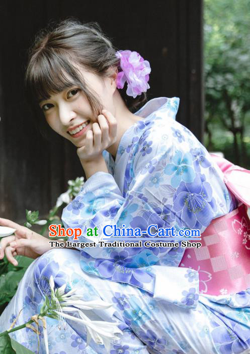 Japanese Classical Printing Flowers Kimono Asian Traditional Japan Costume Geisha Yukata Dress Complete Set for Women