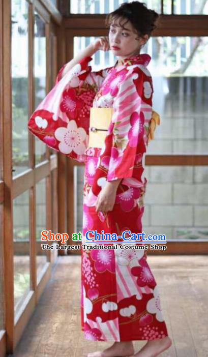 Japanese Traditional Printing Sakura Rosy Kimono Asian Japan Costume Geisha Yukata Dress for Women