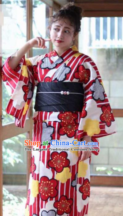 Japanese Traditional Printing Red Sakura Kimono Asian Japan Costume Geisha Yukata Dress for Women
