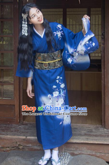 Traditional Japanese Classical Printing Flowers Royalblue Kimono Asian Japan Costume Geisha Yukata Dress for Women