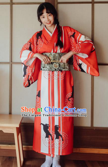 Traditional Japanese Classical Printing Red Kimono Asian Japan Costume Geisha Yukata Dress for Women