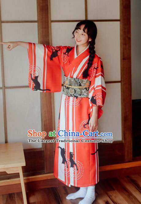 Traditional Japanese Classical Printing Red Kimono Asian Japan Costume Geisha Yukata Dress for Women