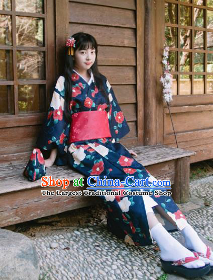 Traditional Japanese Classical Printing Camellia Navy Kimono Asian Japan Costume Geisha Yukata Dress for Women