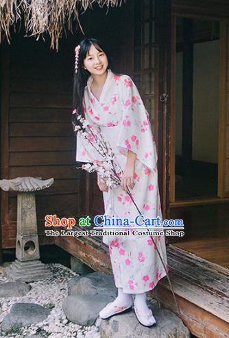 Traditional Japanese Classical Printing Sakura White Kimono Asian Japan Costume Geisha Yukata Dress for Women