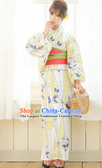 Japanese Classical Printing Light Yellow Kimono Asian Japan Traditional Costume Geisha Yukata Dress for Women