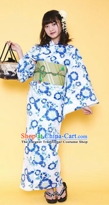 Japanese Classical Printing Blue Petunia Kimono Asian Japan Traditional Costume Geisha Yukata Dress for Women