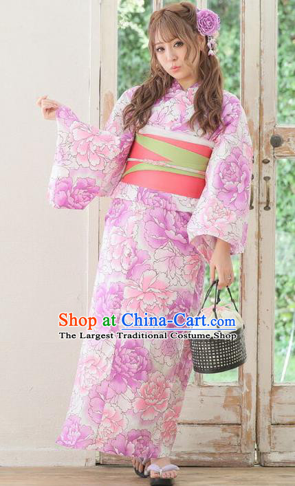 Japanese Classical Printing Peony Pink Kimono Asian Japan Traditional Costume Geisha Yukata Dress for Women