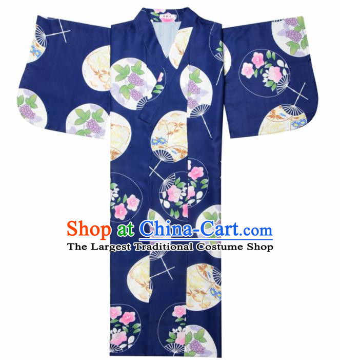 Japanese Classical Printing Fan Navy Kimono Asian Japan Traditional Costume Geisha Yukata Dress for Women