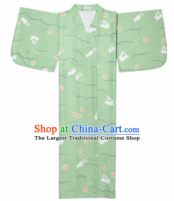 Japanese Classical Printing Rabbits Green Kimono Asian Japan Traditional Costume Geisha Yukata Dress for Women