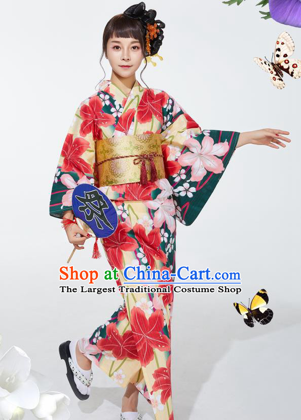 Japanese Classical Printing Lily Flowers Yukata Robe Asian Japan Traditional Costume Geisha Furisode Kimono Dress for Women