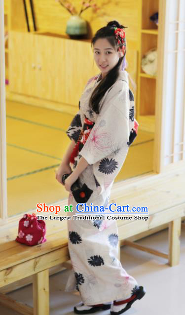 Japanese Classical Printing Chrysanthemum White Kimono Asian Japan Traditional Costume Geisha Yukata Dress for Women