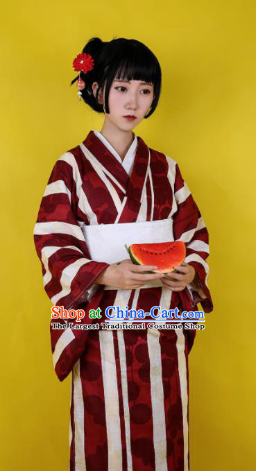 Japanese Classical Wine Red Kimono Asian Japan Traditional Costume Geisha Yukata Dress for Women
